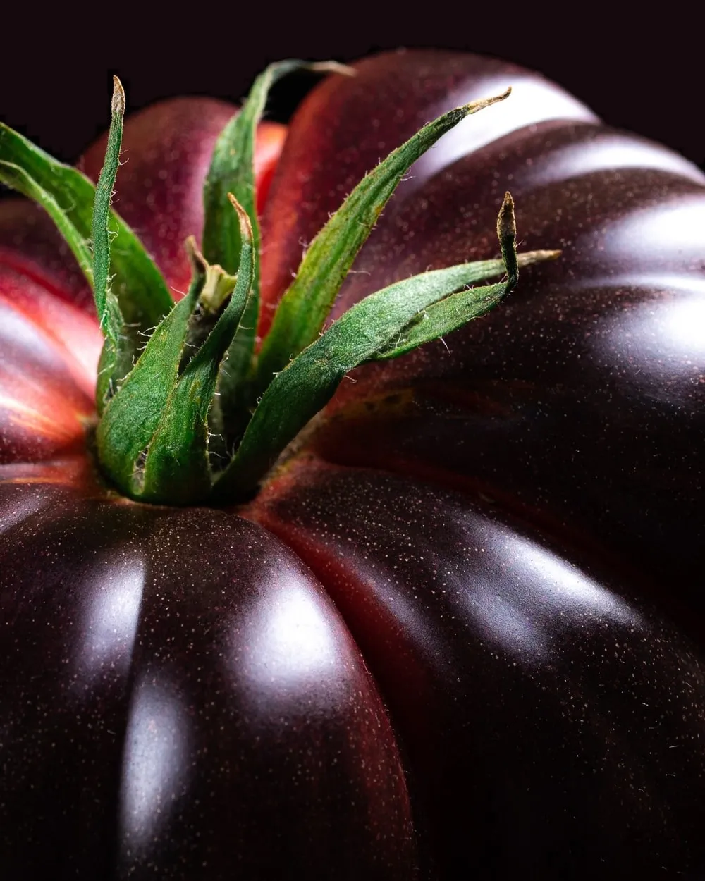 A close-up of the dark, glossy skin and green calyx, against a black background.