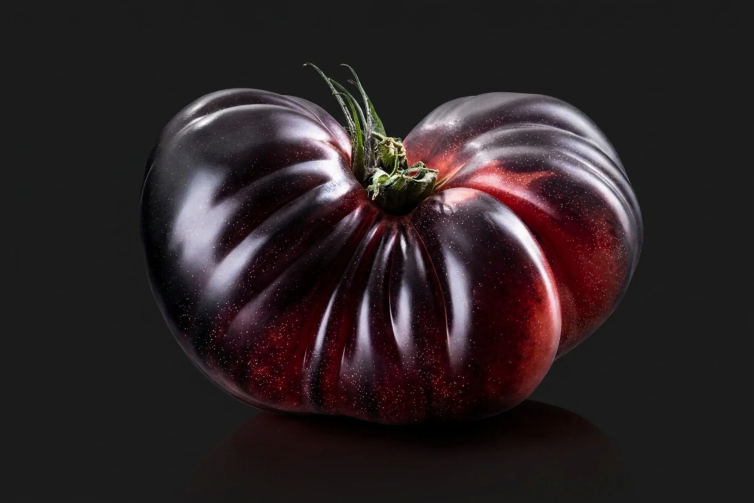 A close-up of the dark, glossy skin and green calyx, against a black background.